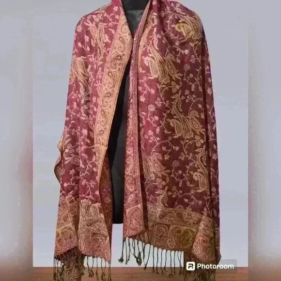 Pashima Reversible Scarf Wine&Gold - Picture 3 of 6